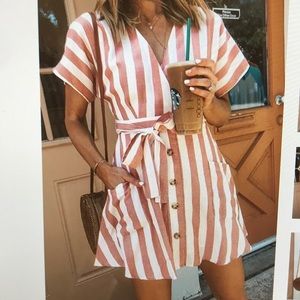 Striped button belted mini dress